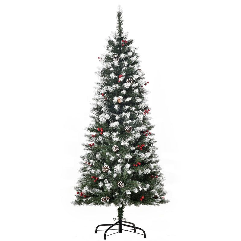 Árvore de Natal Artificial 150cm Ignífugo com 408 Ramos 28 Bagas 24 Pinhas Folhas de PVC e Suporte Metálico Decoração de Natal para Interiores Verde