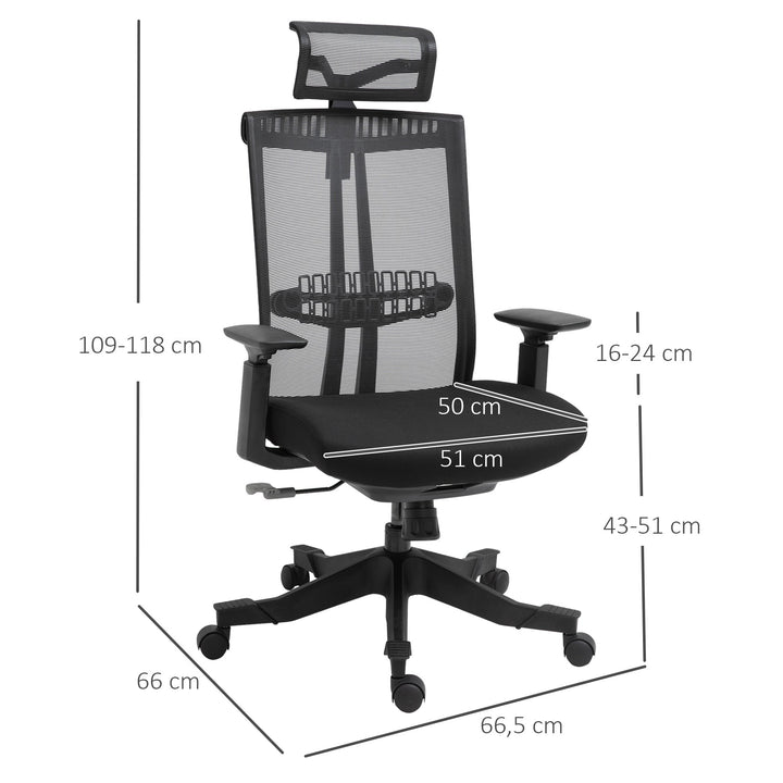 Cadeira de Escritório Ergonômica Giratória e Reclinável com Altura Ajustável Apoio para os Braços Apoio para a Cabeça e Suporte Lombar Regulável 66,5x66x109-118cm Preto