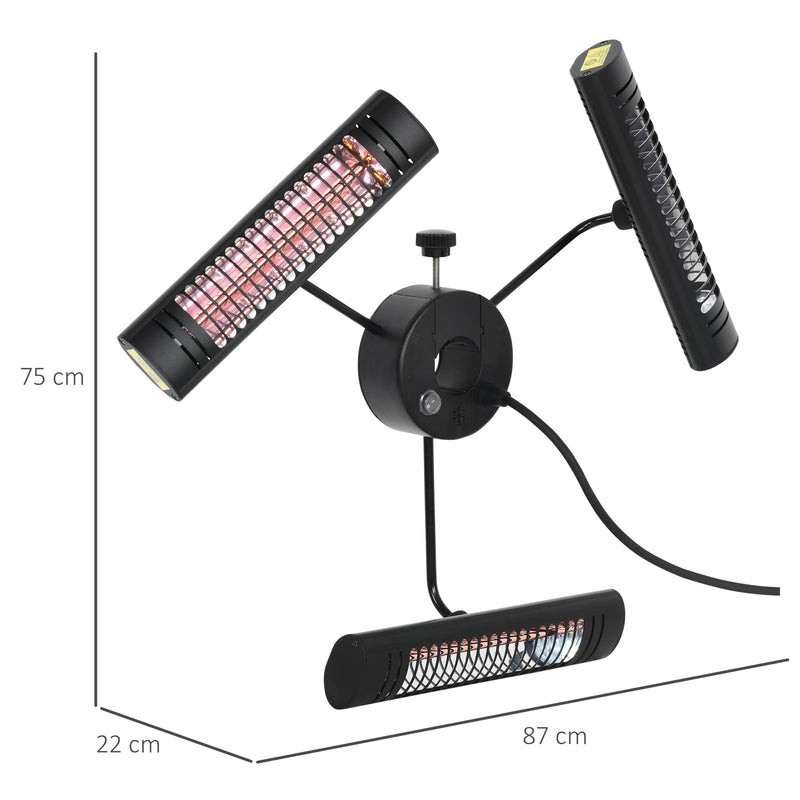 Aquecedor Elétrico de Exterior com 3 Painéis 1000W Aquecedor de Infravermelhos com Controlo Remoto Proteção IPX5 Liga de Alumínio para Chapéu de Sol Pérgola 87x75x22cm Preto