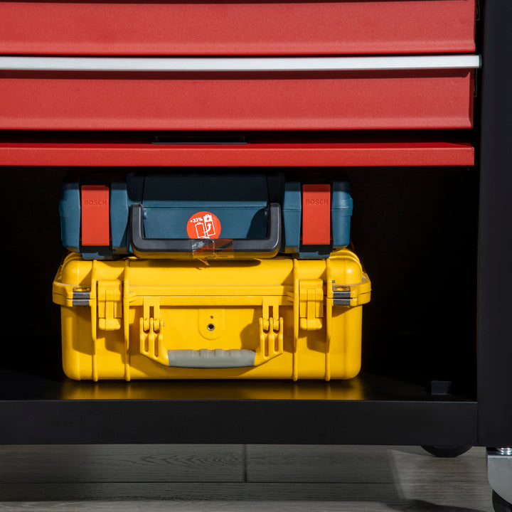 Carro de Ferramentas Móvel com Rodas 4 Gavetas Compartimento de Armazenamento e Alça Lateral Carga 130kg para Garagem Oficina 69x33x75cm Preto e Vermelho