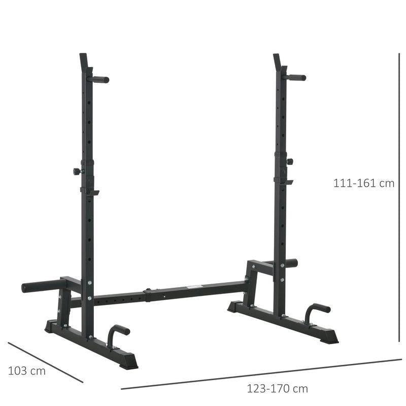 Suporte Multifuncional para Barras de Pesos Flexões Agachamentos Ajustável em Altura e Largura Equipamento Fitness para Academia Casa Aço 123-170x103x111x161cm Preto