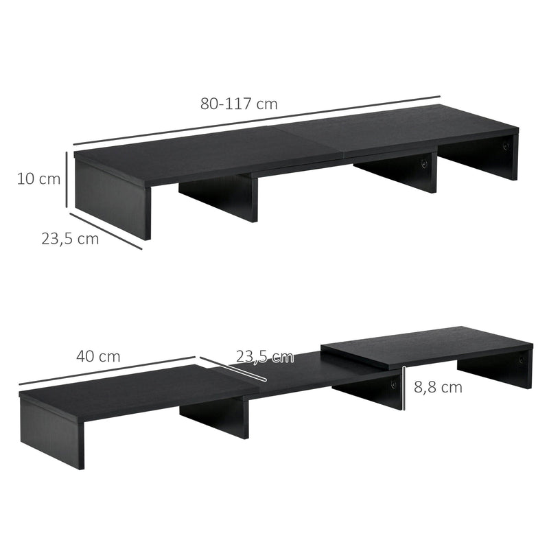 Suporte Elevado para Monitores de Madeira Ajustável em Comprimento e Ângulo para 2 Monitores Notebook 80-117x23,5x10cm Preto