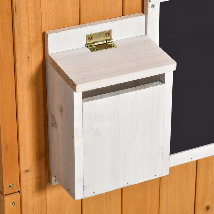 Casa Infantil de Madeira Casa de Brincar para Crianças acima de 3 Anos com Banco Caixa de Correio Lousa Janelas e Portas para Exterior 122x108x135,5cm Natural