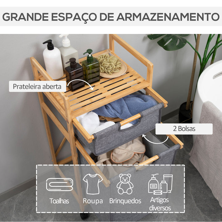Cesto de Roupa Suja de Bambu Cesto de Roupa com 2 Bolsas de Tecido Amovíveis Prateleira Aberta 2 Alças Laterais 4 Rodas 42x35x84,5cm Cinza e Madeira