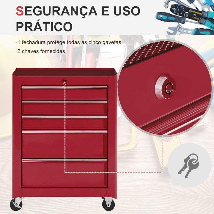 Carrinho de ferramentas com 5 Gavetas e 4 rodas Aço Vermelho 61,5x33x85cm
