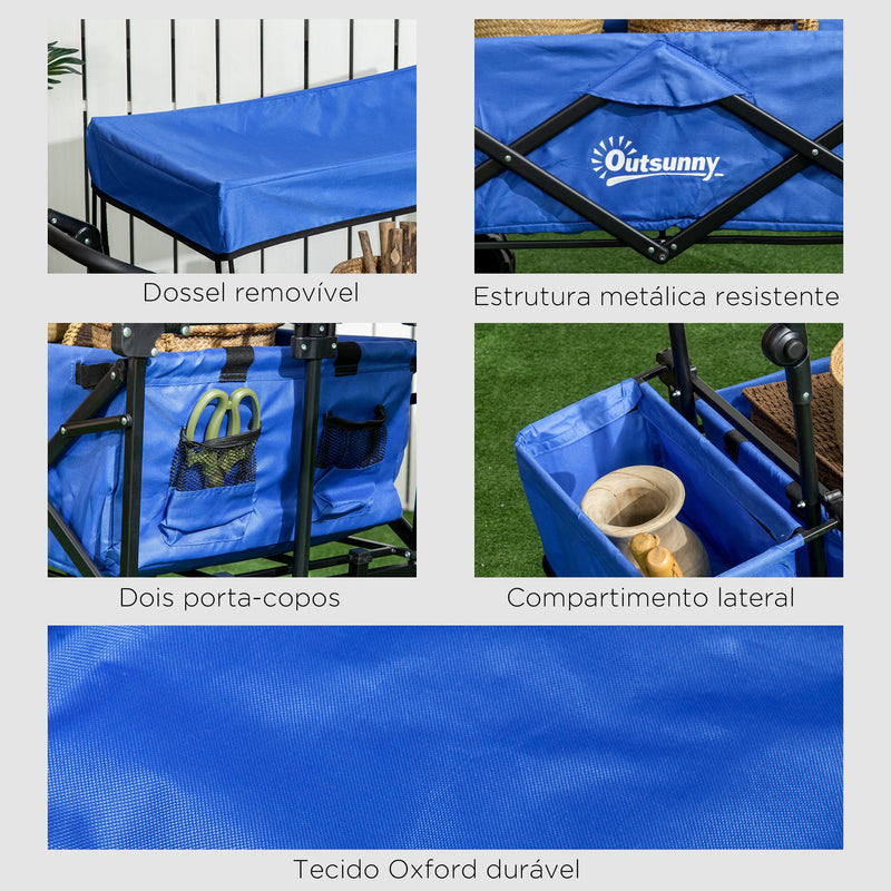 Carrinho de Transporte Dobrável para Praia Campismo Viajem com Toldo Guiador Rodas Altura Ajustável Carga Máxima 68kg 117x55x98 cm Azul