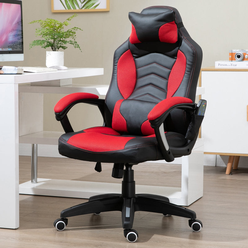 Cadeira de Escritório Gaming inclinável e Giratória com 6 Pontos de Massagem e Aquecimento - 68x69x108-117 cm