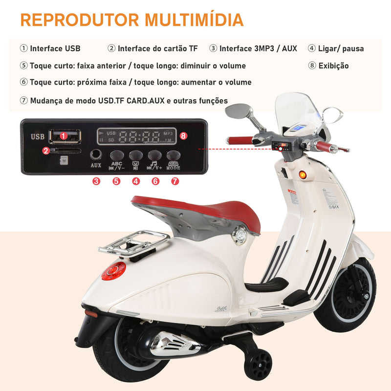 Mota elétrica infantil Vespa para crianças acima de 3 Anos com Faróis Música 2 Rodas Auxiliares 108x49x75 cm Branco