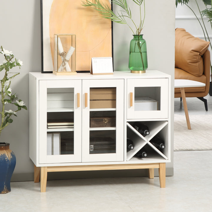 Aparador de Cozinha com 3 Portas de Vidro e Suporte para Garrafas em Forma de X para 4 Garrafas Móvel Buffet Auxiliar para Sala de Jantar Estilo Moderno Anti-Tombo 90x37x75cm Branco