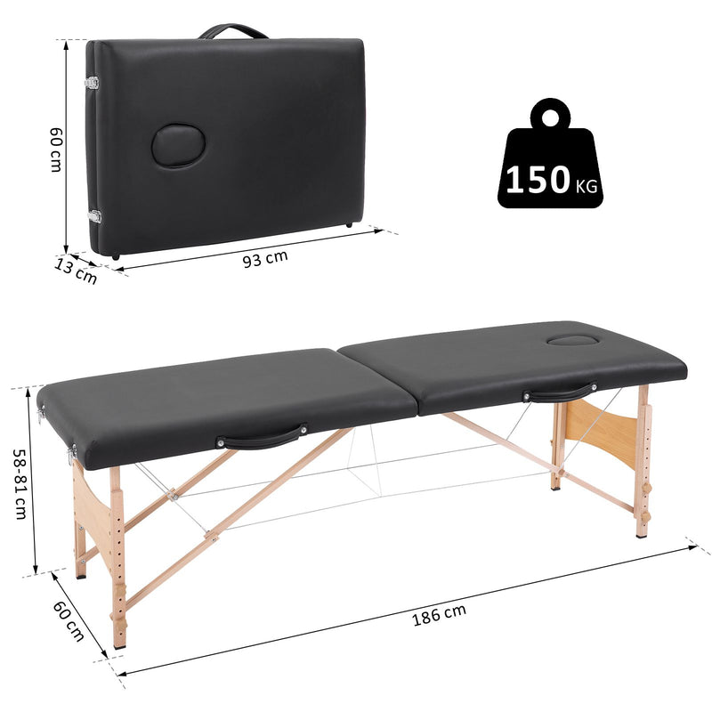 Marquesa de Massagem Dobrável Mesa de Massagem Portátil com Apoio para a Cabeça Estrutura de Madeira Altura Ajustável e Bolsa de Transporte 186x60x58-81 cm Preto