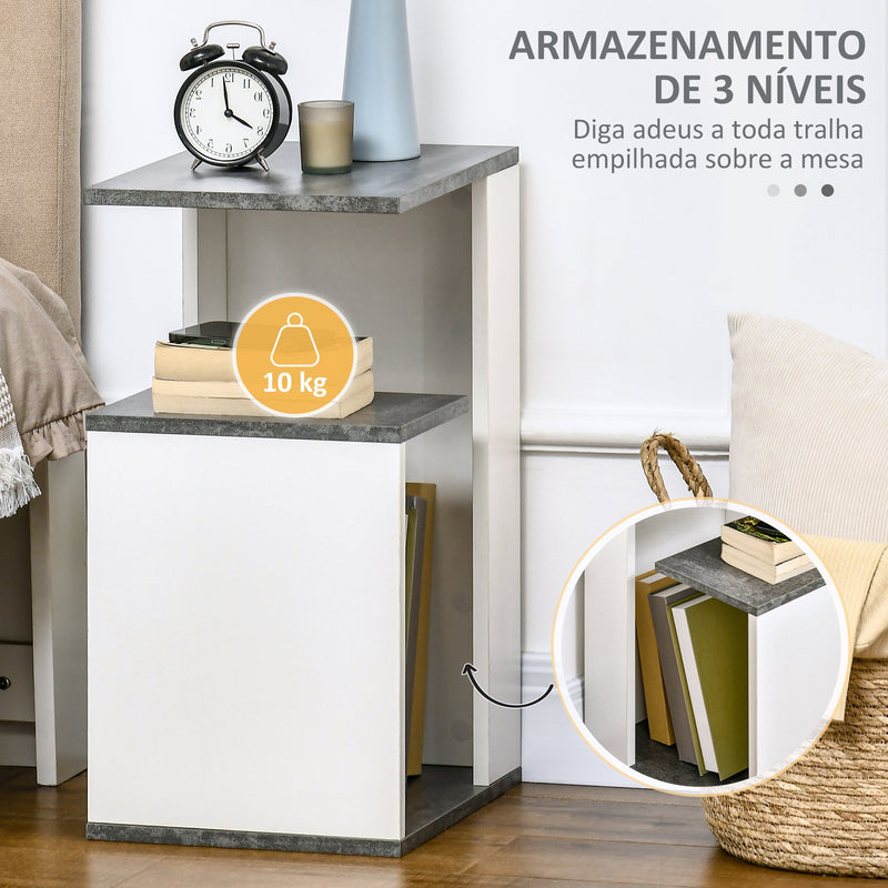 Mesinha de Cabeceira Mesa Auxiliar com 2 Prateleiras de Armazenamento para Dormitório Sala de Estar Estilo Moderno 35x29,5x60cm Cinza e Branco