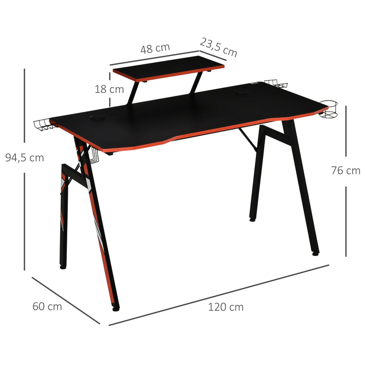 Mesa Gaming Ergonómica Secretária para Computador com Suporte para Monitor e Alto Falante Porta-Copos Gancho para Fones de Ouvido Fibra de Carbono 120x60x94,5 Preto