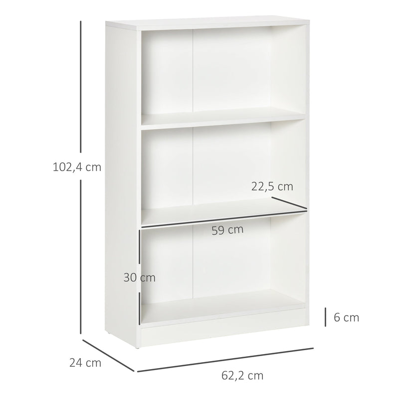 Estante para Livros com 3 Compartimentos de Armazenamento Livros Plantas para Sala de Estar Estúdio Dormitório 62,2x24x102,4cm Branco