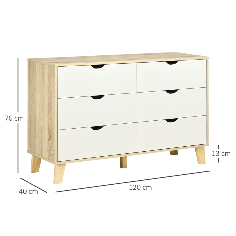 Cómoda com 6 Gavetas e Pés Elevados Cómoda para Dormitório Sala de Estar Estilo Moderno Anti-Tombo 120x40x76cm Madeira e Branco