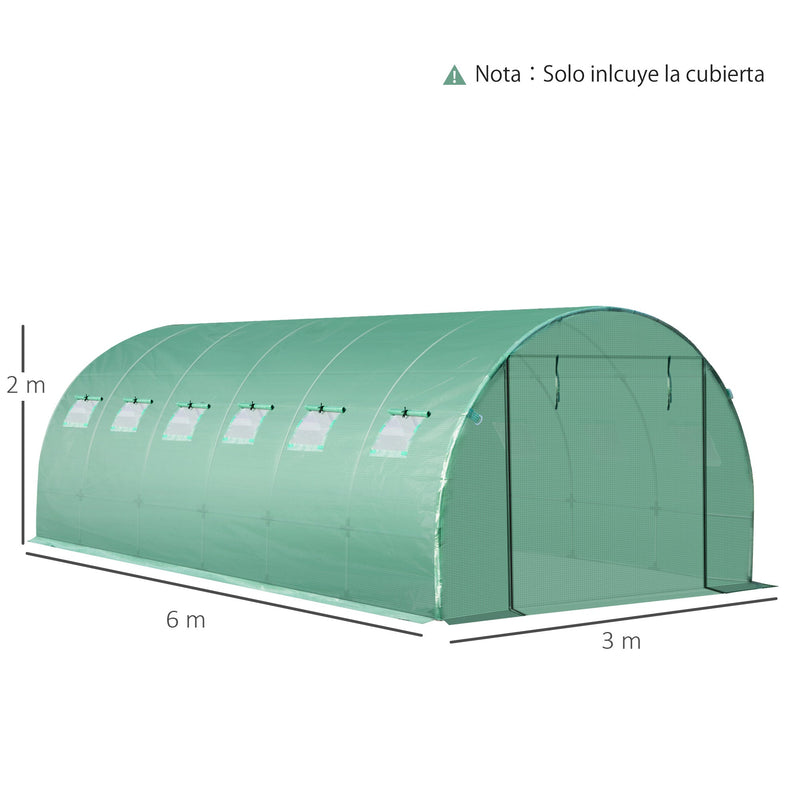 Cobertura de Estufa de Túnel 6x3x2m Cobertura de Substituição de Estufa Polietileno com 12 Janelas e Portas Enroláveis Proteção de Plantas para Jardim Verde