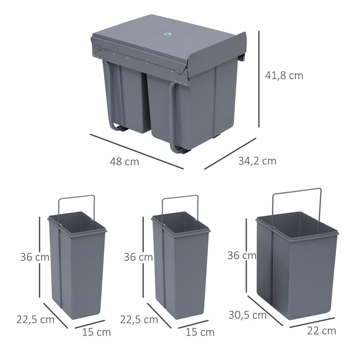 Cubos de Lixo para Cozinha com 3 recipientes de Reciclagem Removíveis 1x20L e 2x10L Metal e Plástico 48x34,2x41,8cm Cinza