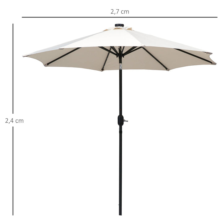 Chapéu de Sol de Jardim Ø270x240cm com 24 Luzes LED Solar Mecanismo de Inclinação Manivela e Mastro Desmontável de Metal para Terraço Piscina Pátio Creme