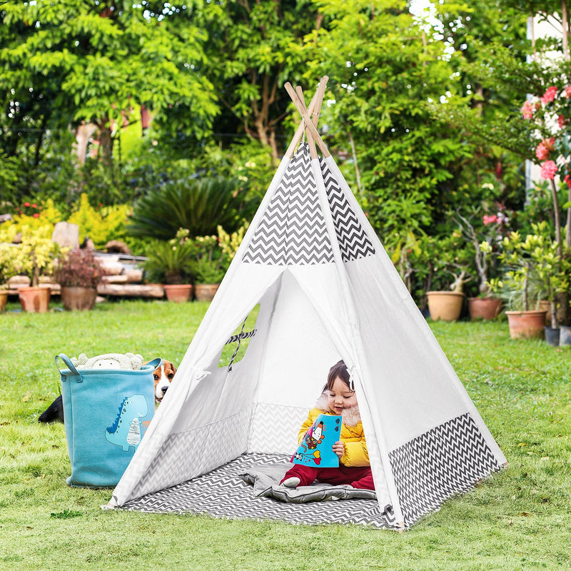 Tenda Tipi para Crianças acima de 3 Anos Tenda Infantil de Madeira Portátil com Janela Almofada e Bolsa de Transporte para Interiores e Exteriores 120x120x155cm Cinza