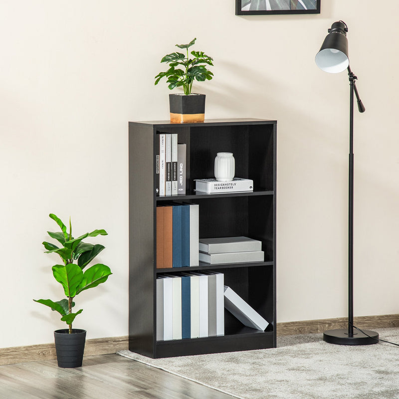 Estante para Livros com 3 Compartimentos de Armazenamento Livros Plantas para Sala de Estar Estúdio Dormitório 62,2x24x102,4cm Preto