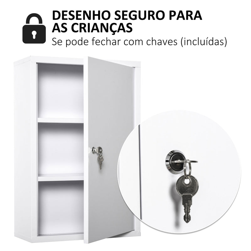 Armário Farmácia de Parede de Armário para Medicamentos de Metal com 3 Prateleiras de Armazenamento e Fechadura com 2 Chaves para Casa de Banho Cozinha 40x18x60cm Branco