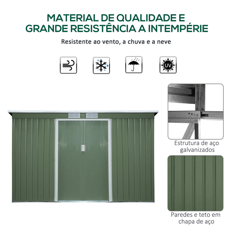 Abrigo de Jardim 280x130x172cm Abrigo de Exterior de Aço Galvanizado com Porta Corredeira e Ventilações para Armazenamento de Ferramentas Verde Claro