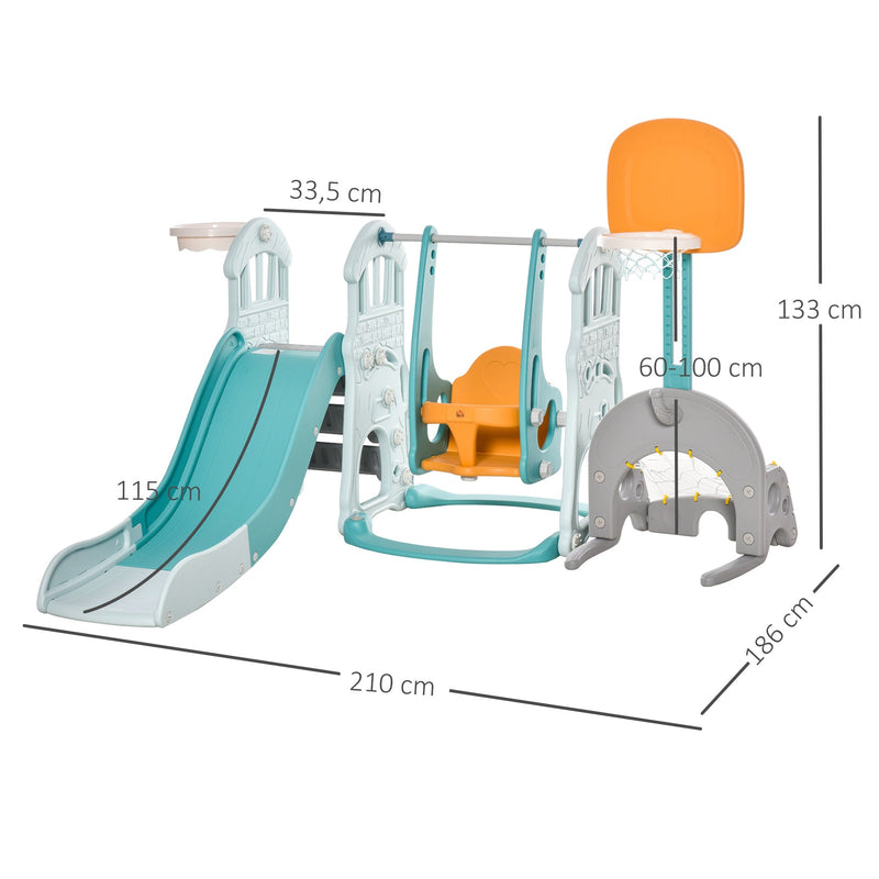 5 em 1 Escorrega e Baloiço para Crianças acima de 18 meses com 2 Cestas de Basquetebol Porteria de Futbol com Assento Ajustável Parque Infantil Interior e Exterior 210x186x133cm Multicor