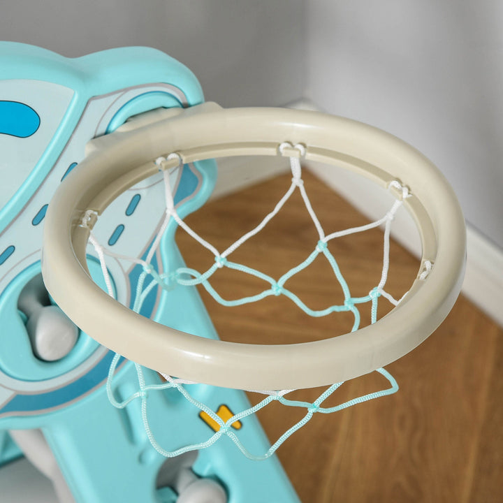 Escorrega Infantil Dobrável com Cesta de Basquetebol para Crianças acima de 18 meses Modelo Disco Voador para Interiores e Exteriores 140x87x75cm Azul e Cinza