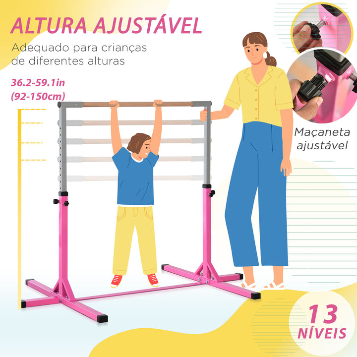 Barra de Ginástica para Crianças acima de 3 Anos Barra de Treino com Altura Ajustável 92-150 cm Barra Horizontal de Ginástica Carga 75 kg 197x121x150 cm Rosa