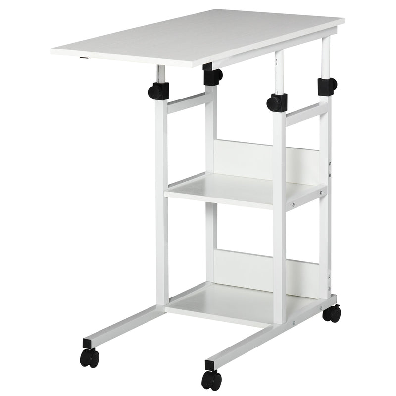 Mesa Lateral para Sofá Mesa lateral em Forma de C com 4 rodas Giratórias Freios Altura Ajustável 3 níveis Estrutura Metálica 80x40x72-82cm Branco