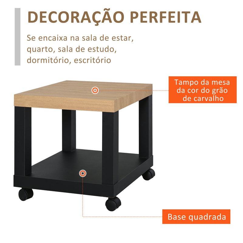 Mesa de Apoio para sofá mesa lateral com prateleira aberta, rodas e freios 40x40x40 Preto e Madeira