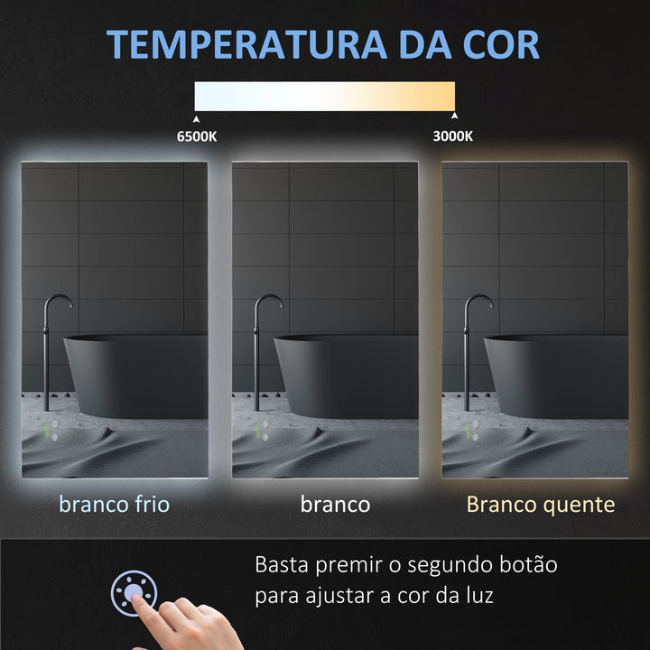 Espelho de Casa de Banho com Luz LED Espelho de Parede Anti-Embaciamento 90x60cm com Interruptor Tátil 3 Luzes Ajustáveis Função de Memória e Estrutura de Alumínio Suspensão Vertical ou Horizontal Prata
