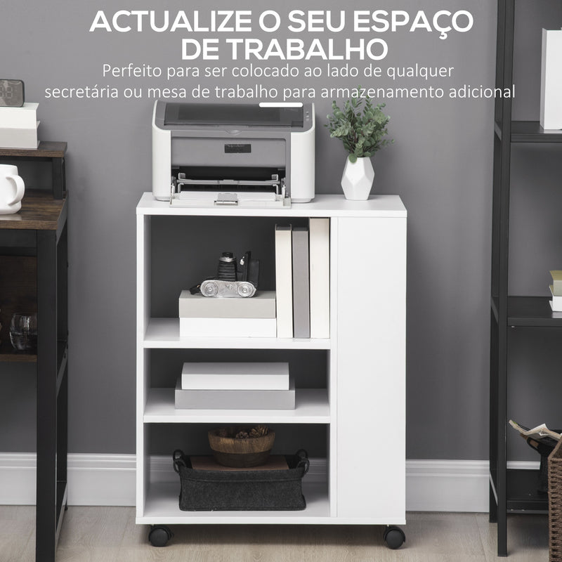 Armário para Impressora Móvel Auxiliar de Escritório com Rodas 3 Prateleiras Laterais e 3 Prateleiras Abertas Carga Máxima 30kg para Dormitório Sala de Estar Cozinha 60x40x75,8cm Branco