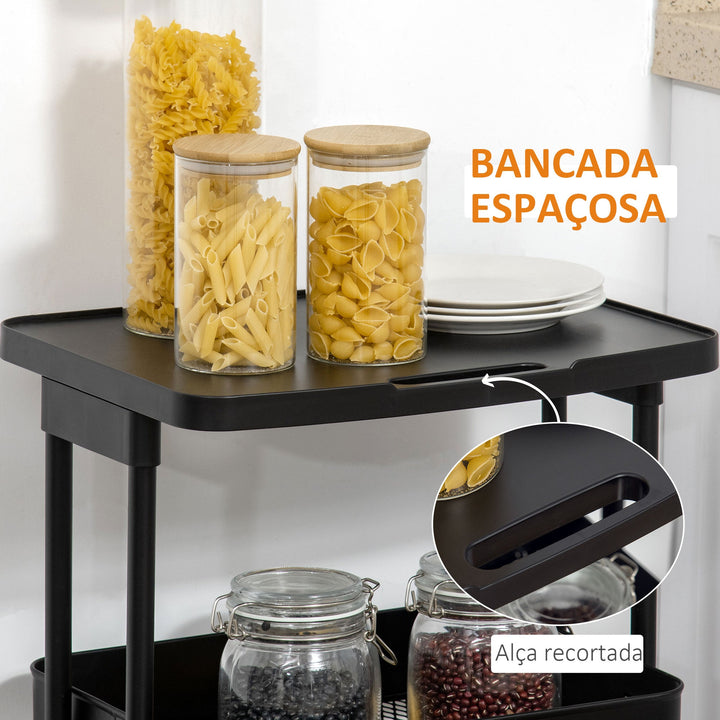 Carrinho de Cozinha com Rodas Carrinho de Armazenamento de 3 Níveis e Rodas com Freio para Sala de Estar Dormitório Escritório 46x34,5x76,5cm Preto