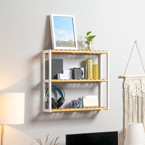 Estante de Parede de Bambu Prateleiras de Parede de 3 Níveis Estante Suspensa para Sala de Estar Dormitório Cozinha Casa de Banho 60x15x54cm Madeira e Branco