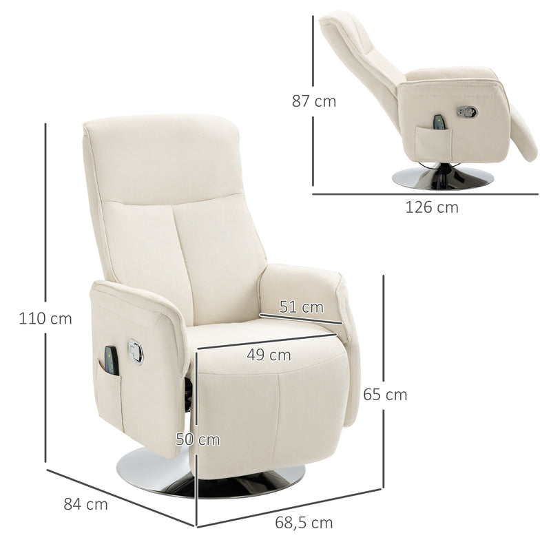 Poltrona de Massagem Elétrica com Apoio para os Pés Poltrona Relax Giratória Reclinável até 135° com Controlo Remoto 10 Pontos de Massagem e Bolso Lateral 68,5x84x110cm Creme