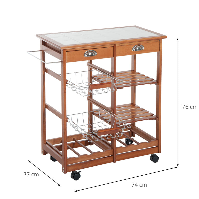 Carrinho Cozinha Serviço Auxiliar Madeira Metal Cromado Rodas Gaveta Garrafeira 74x37x76 cm