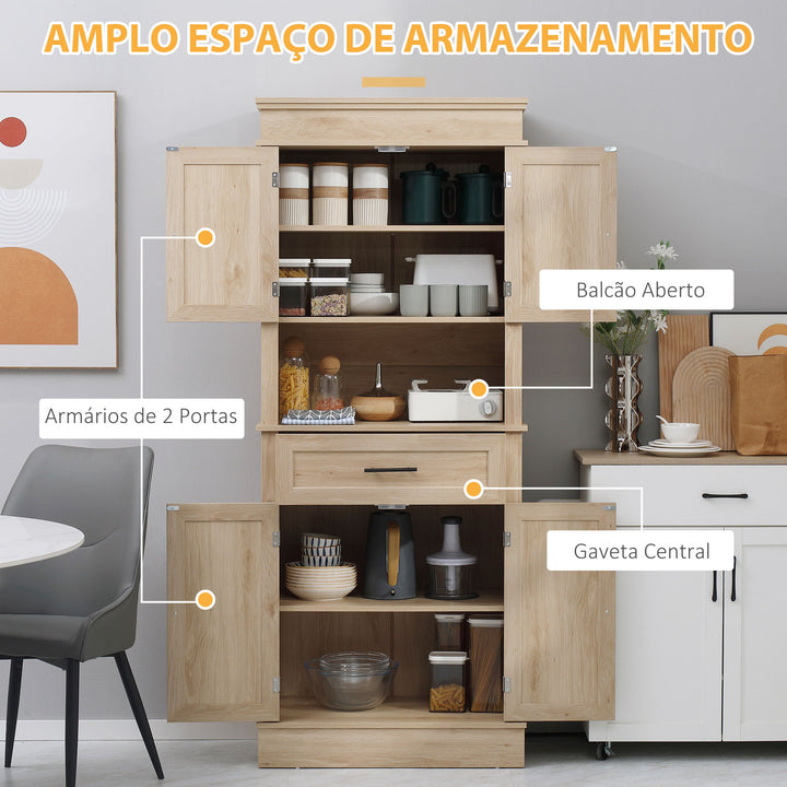 Armário de Cozinha Móvel Auxiliar de Cozinha com 4 Portas 1 Gaveta e Prateleira Aberta para Sala de Estar Sala de Jantar 74x39,5x183cm Carvalho