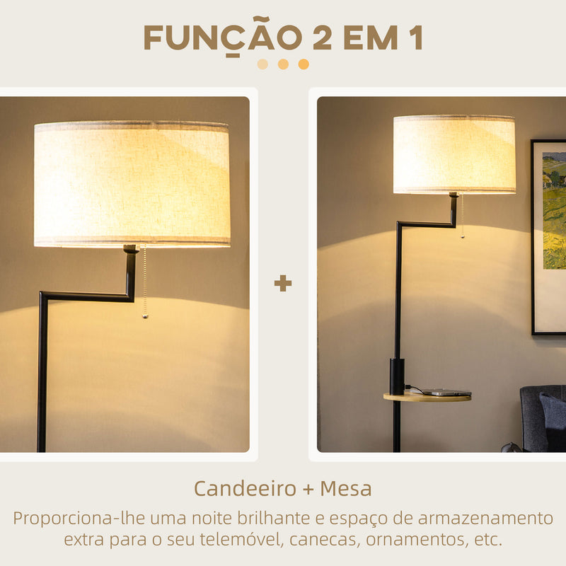 Candeeiro de Pé com Mesa Auxiliar Candeeiro com Prateleira Lâmpada E27 Máx. 40W com Ecrã de Linho Interruptor de Corrente e Carregador USB para Sala de Estar Ø40x168cm Preto e Madeira