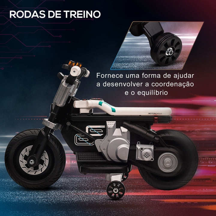 Mota Elétrica Infantil Mota a Bateria 6V com Farol Música Buzina Velocidade 3km/h Avance e Retrocesso e Rodas Auxiliares para Crianças de 3-5 Anos Carga 25kg 86x44x58cm Preto e Branco