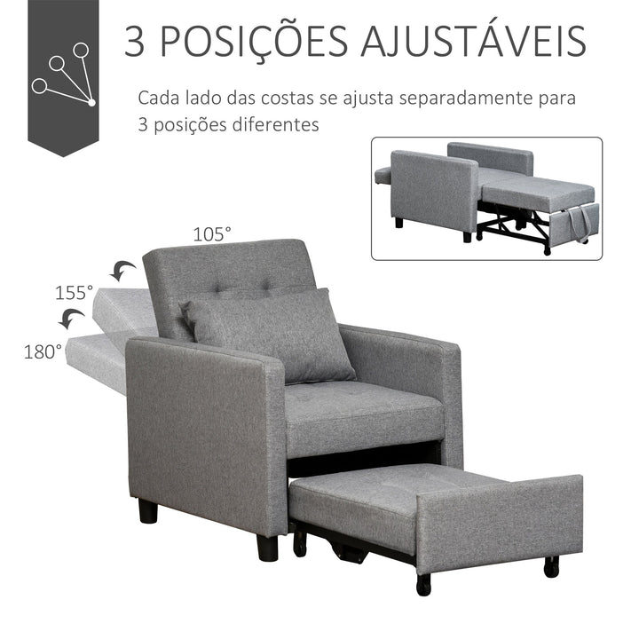 Sofá-cama Individual Poltrona com encosto reclinável Almofada removível Assento acolchoado e 4 rodas 69x77x84 cm Cinza