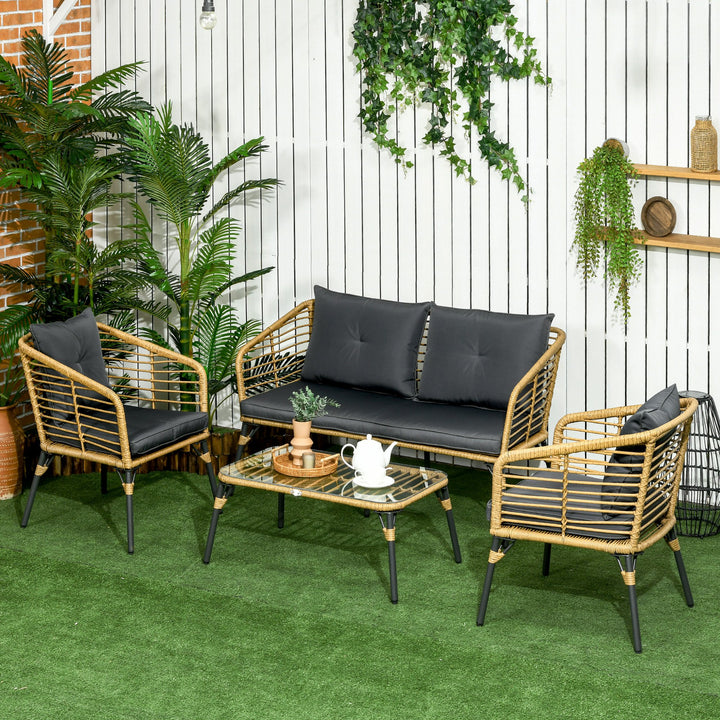 Conjunto de Móveis de Vime para 4 Pessoas Móveis de Jardim de 4 Peças com Sofá de 2 Lugares 2 Poltronas Mesa de Centro e 4 Almofadas para Varanda Pátio Marrom Claro e Cinza Escuro