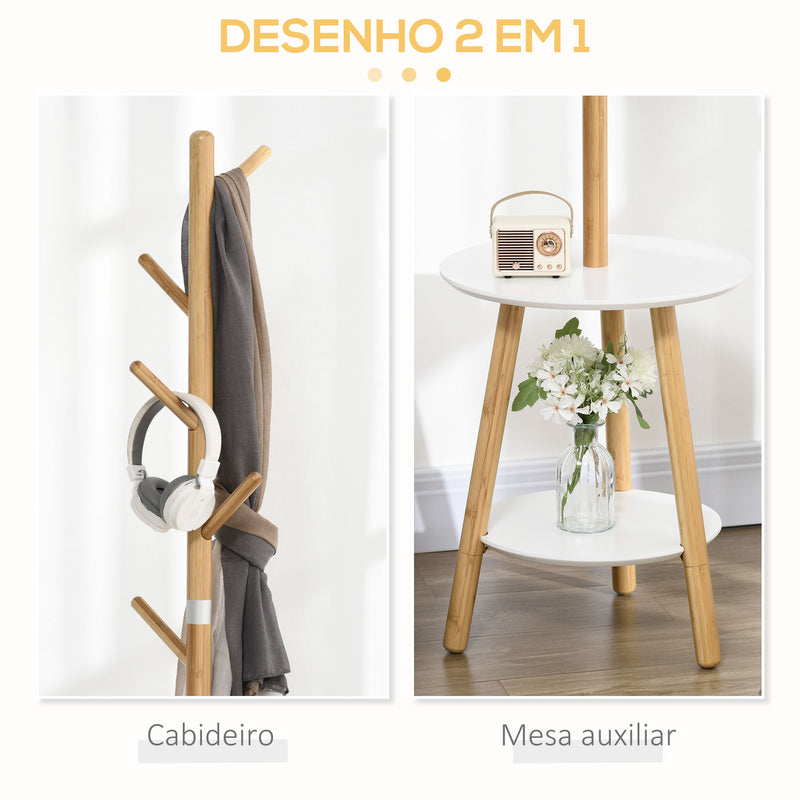 Cabide de Pé de Bambu 2 em 1 Cabide de Pé com 2 Prateleiras 5 Ganchos para Roupas Bolsas e Estrutura de Alumínio para Entrada Dormitório 39x5x39,5x71cm Madeira e Branco