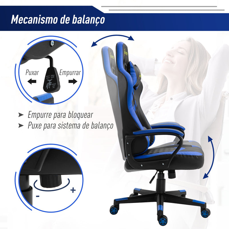 Cadeira ergonômica gaming de escritório Altura ajustável basculante com apoio de cabeça giratorio 61x70x121-129 azul