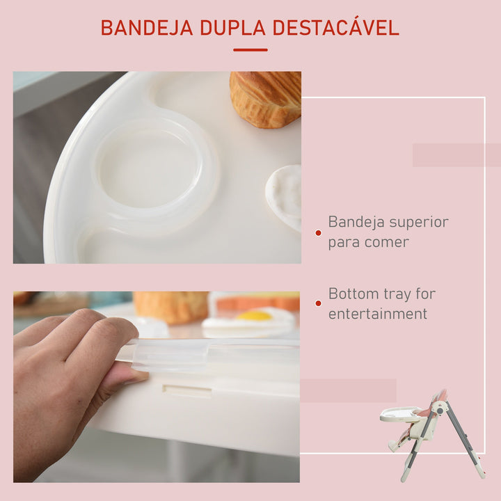 Cadeira de refeição ajustável e dobrável para bebê acima de 6 meses com bandeja dupla 55x80x104 cm Rosa