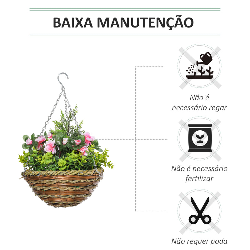 Conjunto de 2 Plantas Lisianthus Suspensas Artificiais para Interior e Exterior com Vaso e Vime e Correia Ø25x34 cm Rosa e Verde