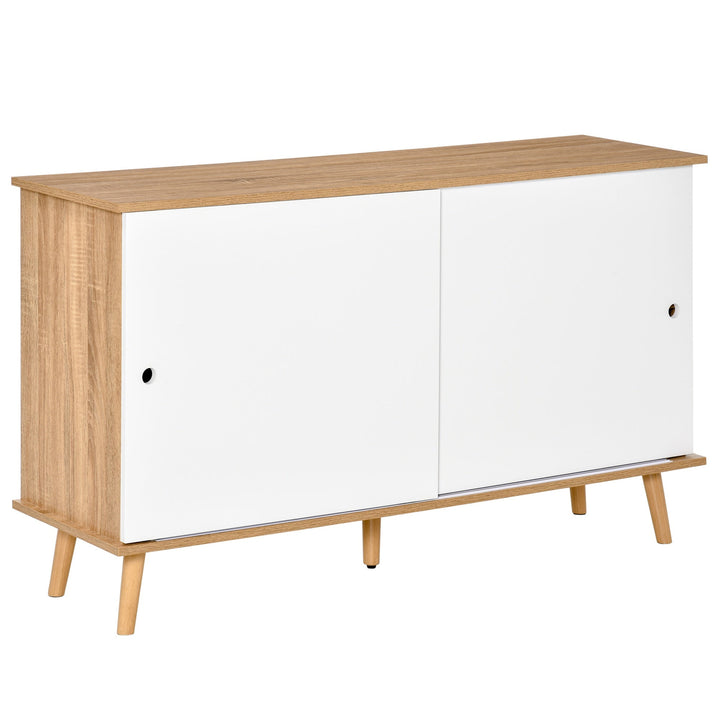 Móvel Aparador tipo Buffet para Sala de Jantar Cozinha com 2 Portas Corredeiras Prateleiras Interior Ajustáveis e Pés de Madeira 130x40x74,5cm Natural e Branco