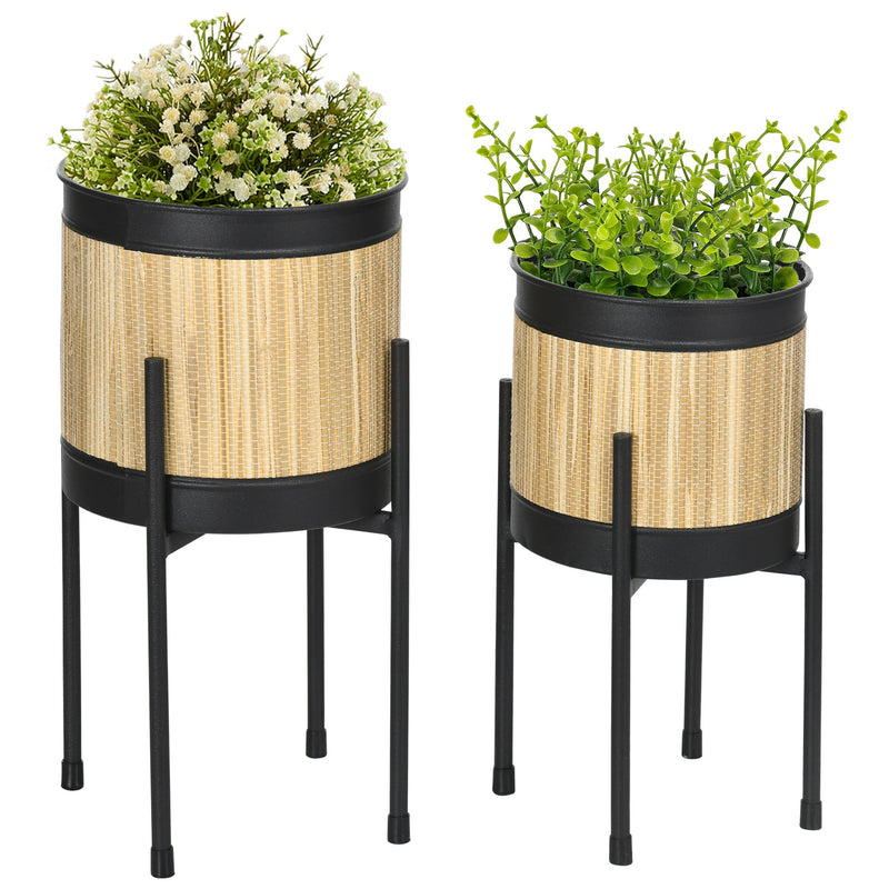 Conjunto de 2 Suportes para Plantas de Metal Revestido em Junco Suporte para Vasos de Plantas Redondos para Sala de Estar Cozinha Dormitório Ø16x30 cm e Ø14x25,5 cm Preto