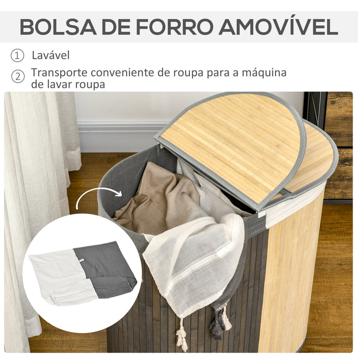Cesto de Roupa Suja de Bambu Capacidade de 100L Cesto para Roupa Suja com Tampa Rebatível e Bolsa com 2 Compartimentos Amovível 62,5x37x60,5cm Cinza e Madeira