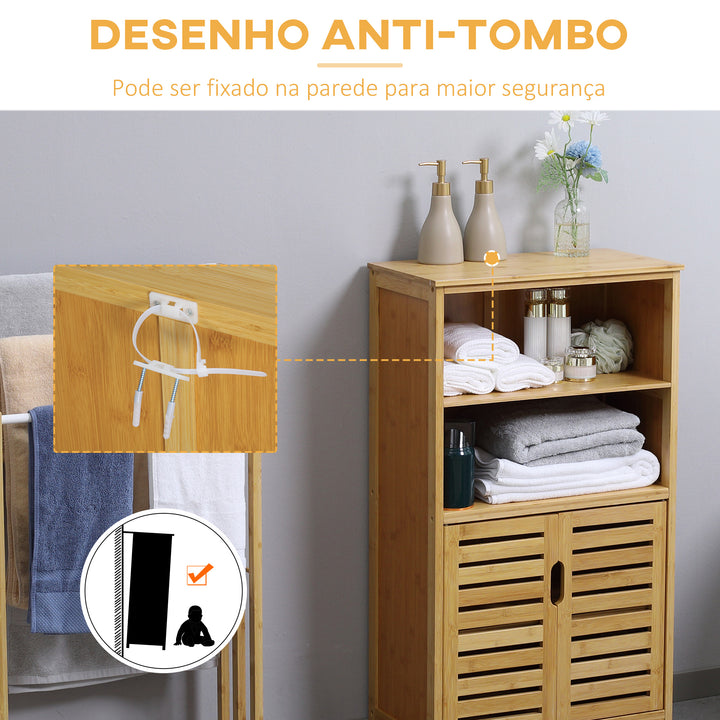 Armário Casa de Banho de Bambu Móvel Auxiliar Casa de Banho com 2 Portas 2 Prateleiras Abertas e Pés Elevados 50x29x92 cm Madeira