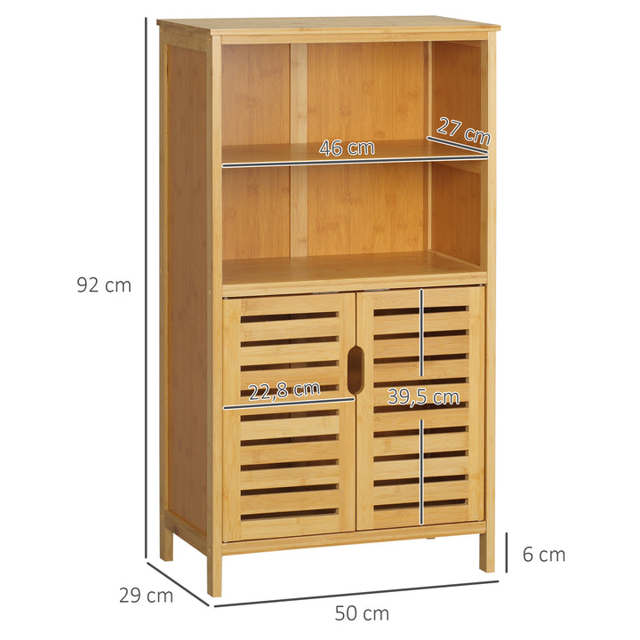 Armário Casa de Banho de Bambu Móvel Auxiliar Casa de Banho com 2 Portas 2 Prateleiras Abertas e Pés Elevados 50x29x92 cm Madeira